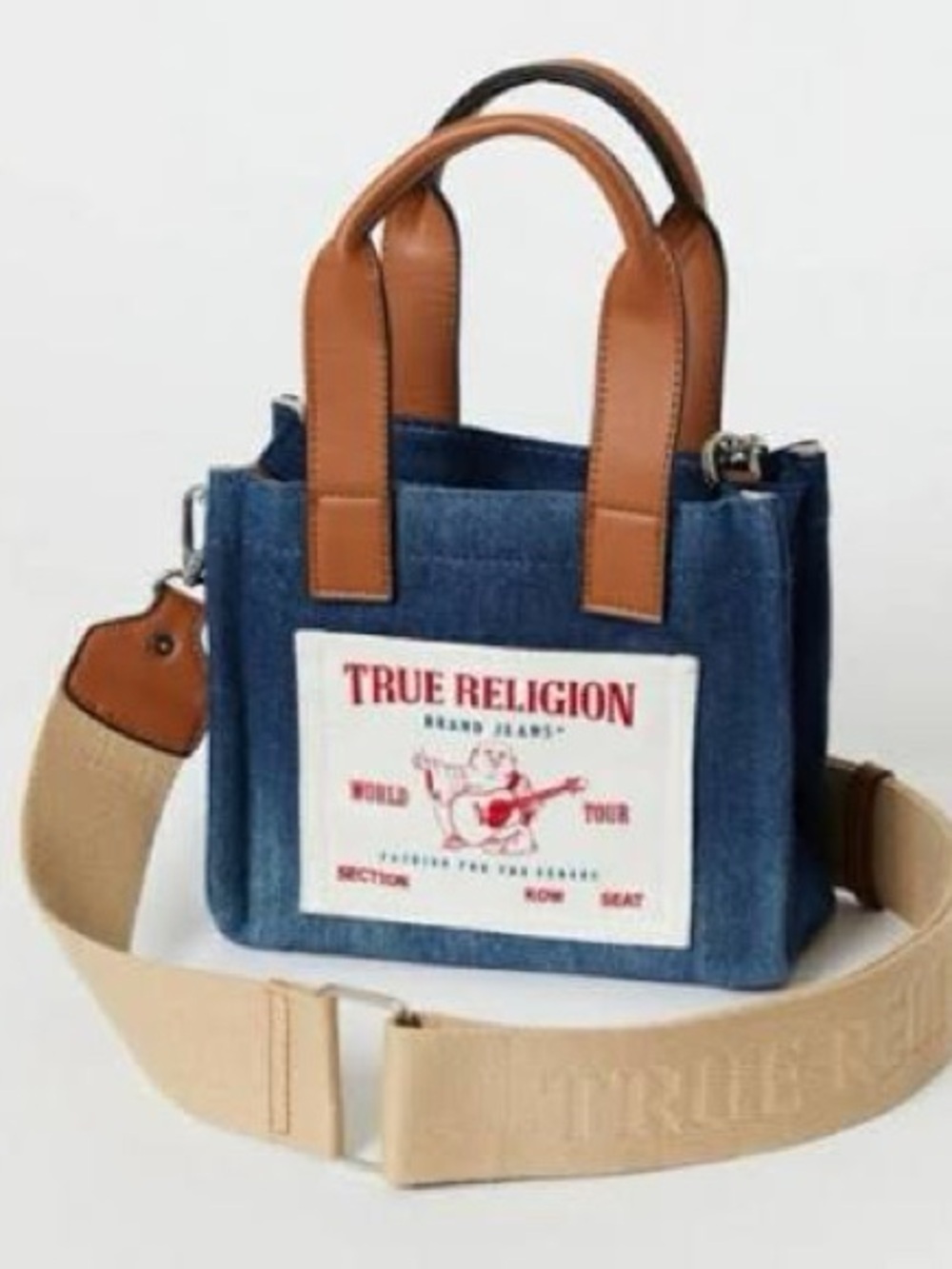 Women’s True Religion Denim Canvas Medium Tote Bag with Brown Leather Handles